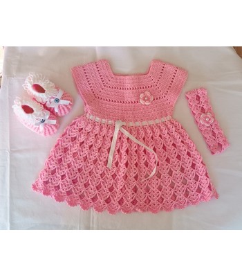 Bebek elbisesi el örgüsü patik ve taç takım 