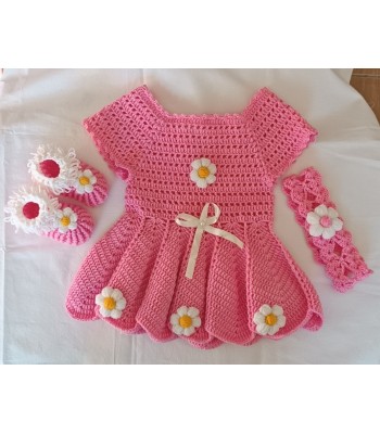 Bebek elbisesi el örgüsü patik ve taç takım 