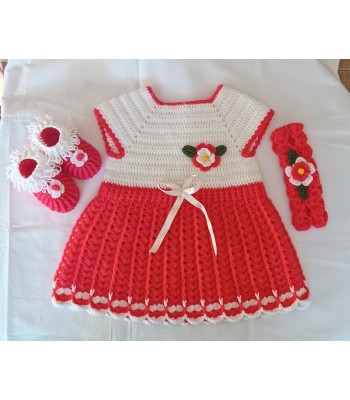 Bebek elbisesi el örgüsü patik ve taç takım 