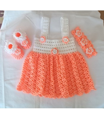 Bebek elbisesi el örgüsü patik ve taç takım 